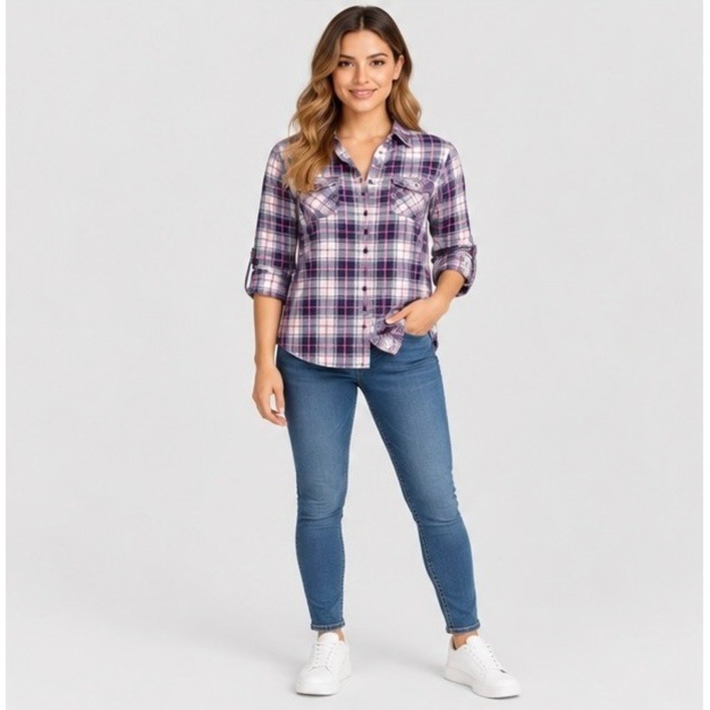 Talbots Womens 1X Purple Plaid Button Down Shirt Long Sleeve Cotton Rayon Boho